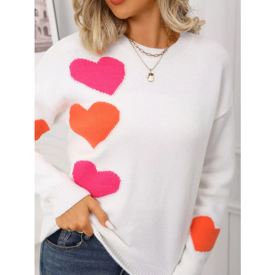 Valentine’s Day Heart Pattern Round Neck Sweater White / S Apparel and Accessories