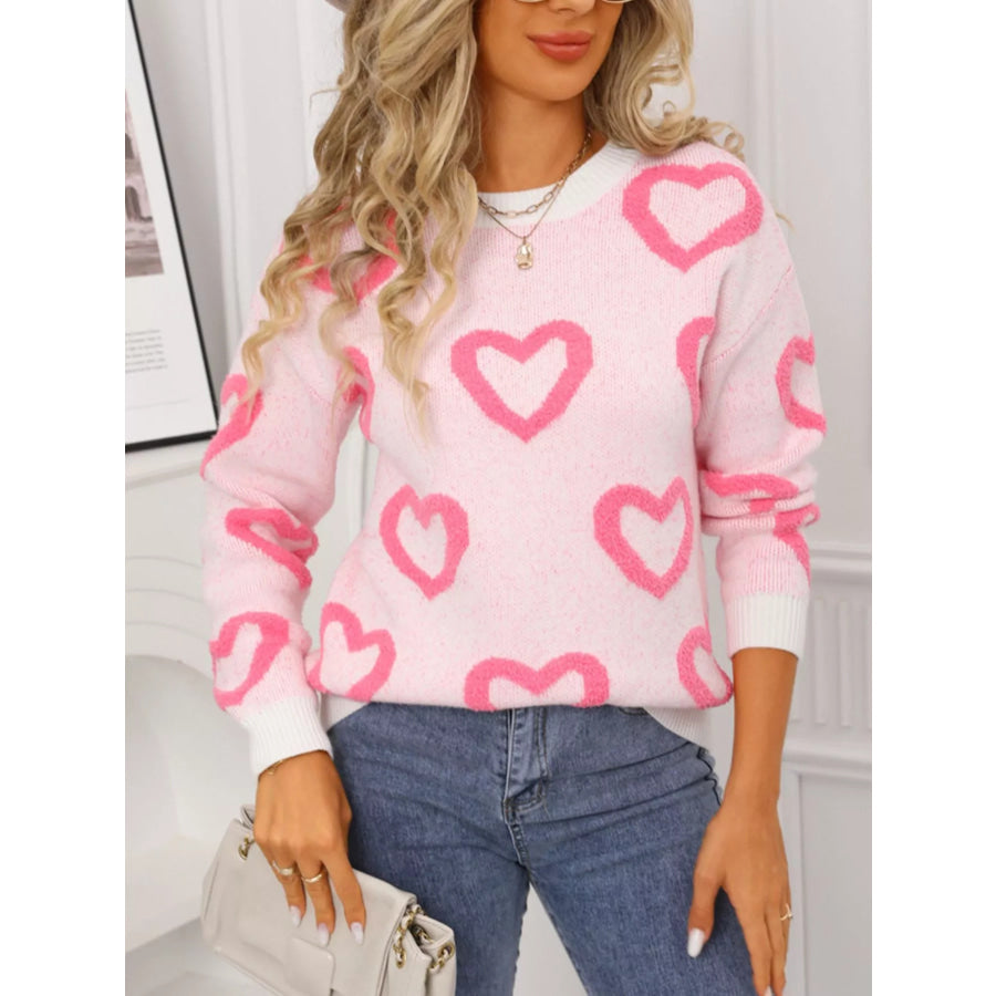 Valentine’s Day Heart Pattern Round Neck Sweater White / S Apparel and Accessories