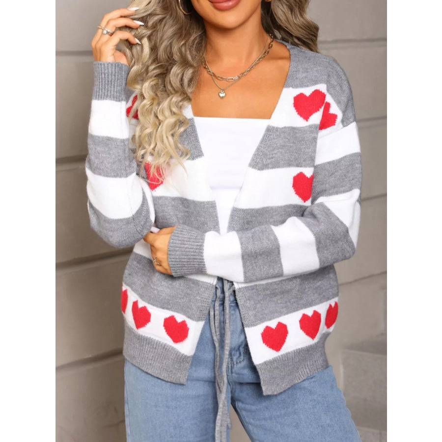 Valentine’s Day Heart Pattern Striped Tie Front Cardigan Apparel and Accessories