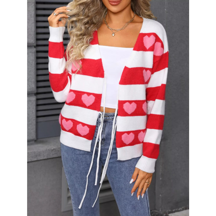 Valentine’s Day Heart Pattern Striped Tie Front Cardigan Apparel and Accessories