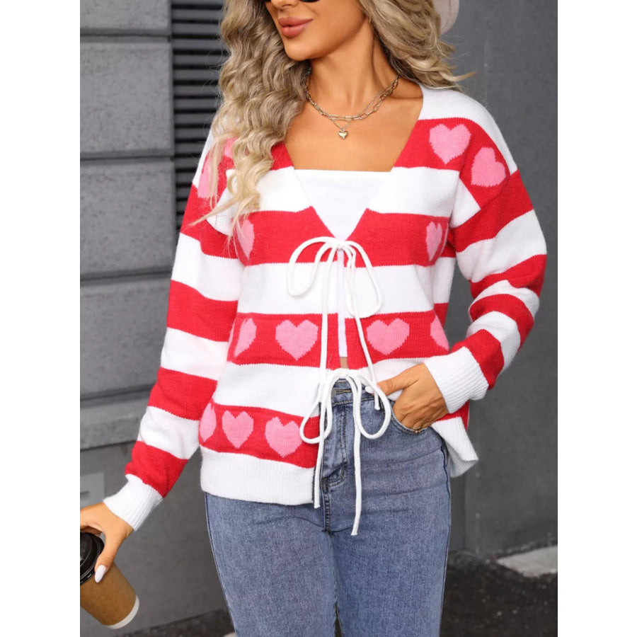 Valentine’s Day Heart Pattern Striped Tie Front Cardigan Apparel and Accessories