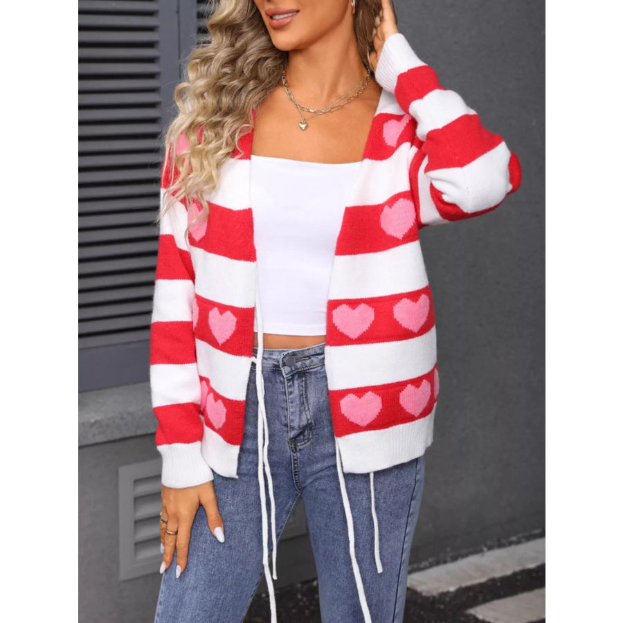 Valentine’s Day Heart Pattern Striped Tie Front Cardigan Apparel and Accessories