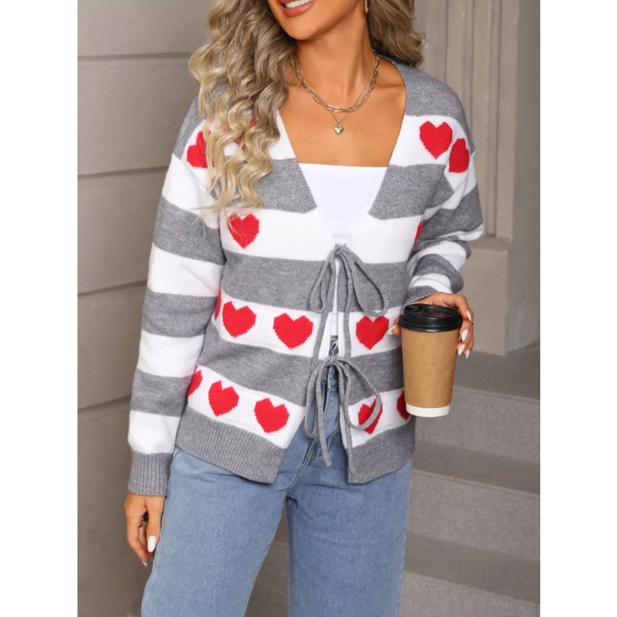 Valentine’s Day Heart Pattern Striped Tie Front Cardigan Apparel and Accessories