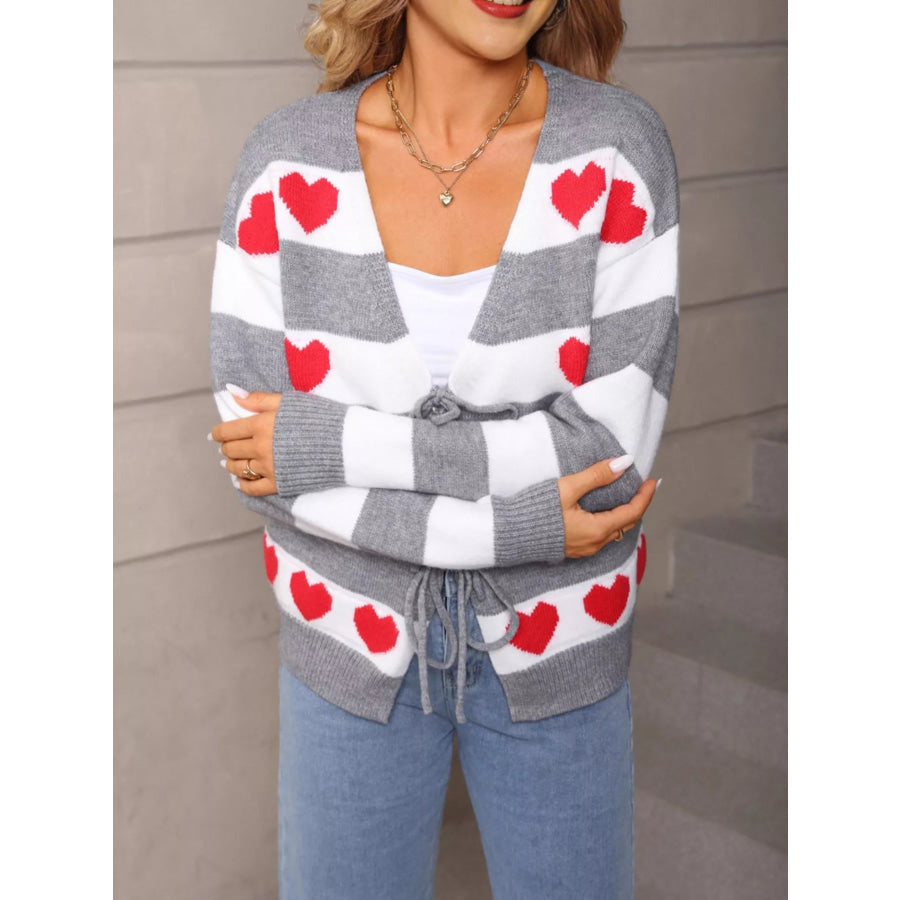 Valentine’s Day Heart Pattern Striped Tie Front Cardigan Apparel and Accessories
