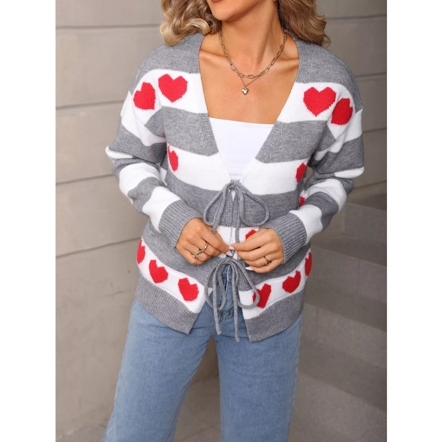 Valentine’s Day Heart Pattern Striped Tie Front Cardigan Apparel and Accessories