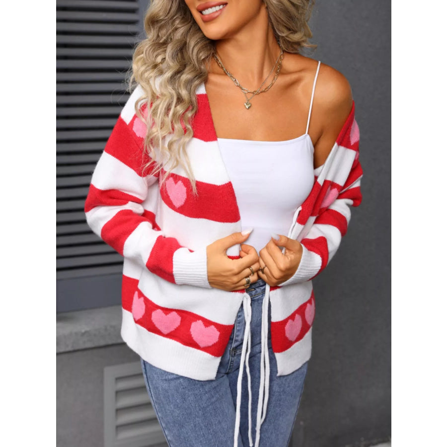 Valentine’s Day Heart Pattern Striped Tie Front Cardigan Apparel and Accessories