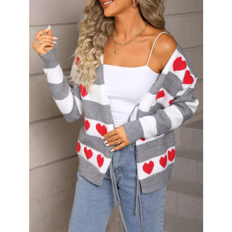 Valentine’s Day Heart Pattern Striped Tie Front Cardigan Apparel and Accessories