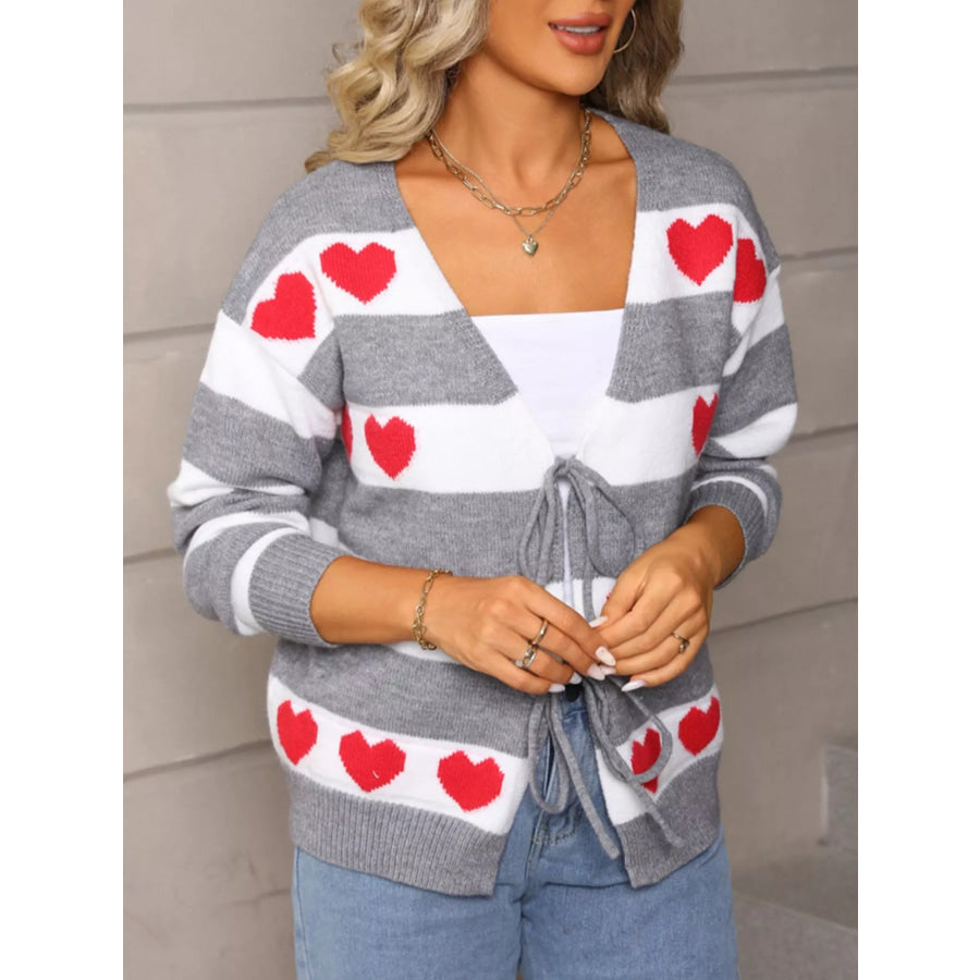 Valentine’s Day Heart Pattern Striped Tie Front Cardigan Grey / S Apparel and Accessories