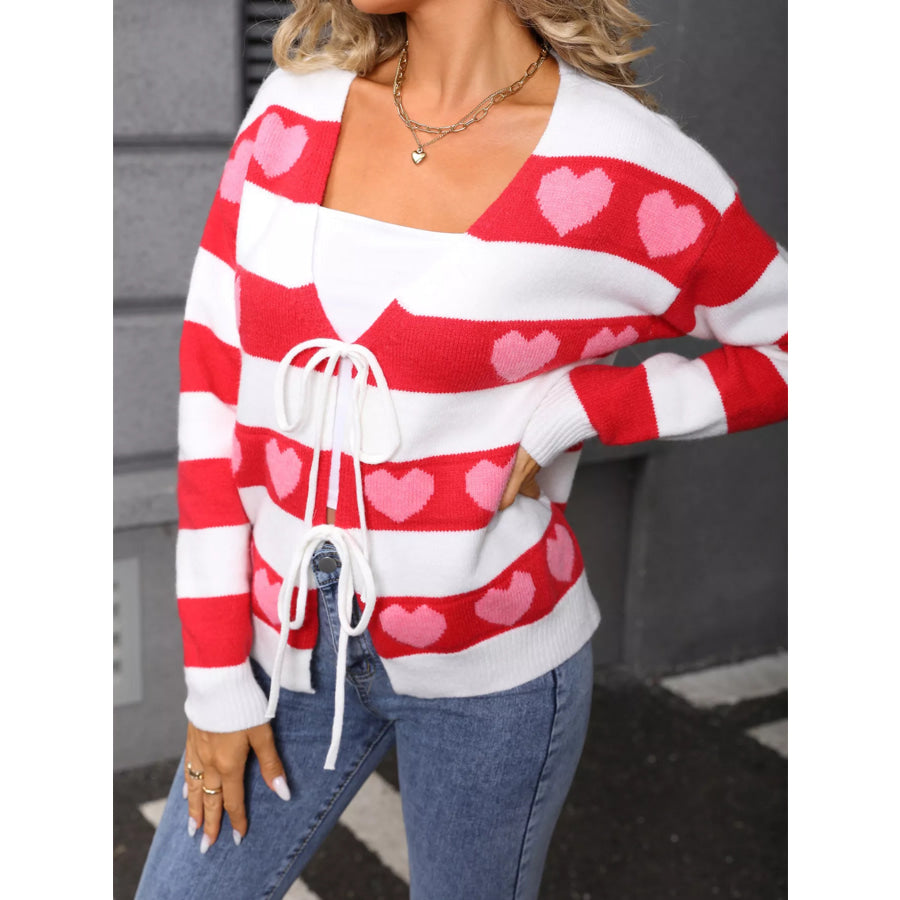 Valentine’s Day Heart Pattern Striped Tie Front Cardigan Red / S Apparel and Accessories