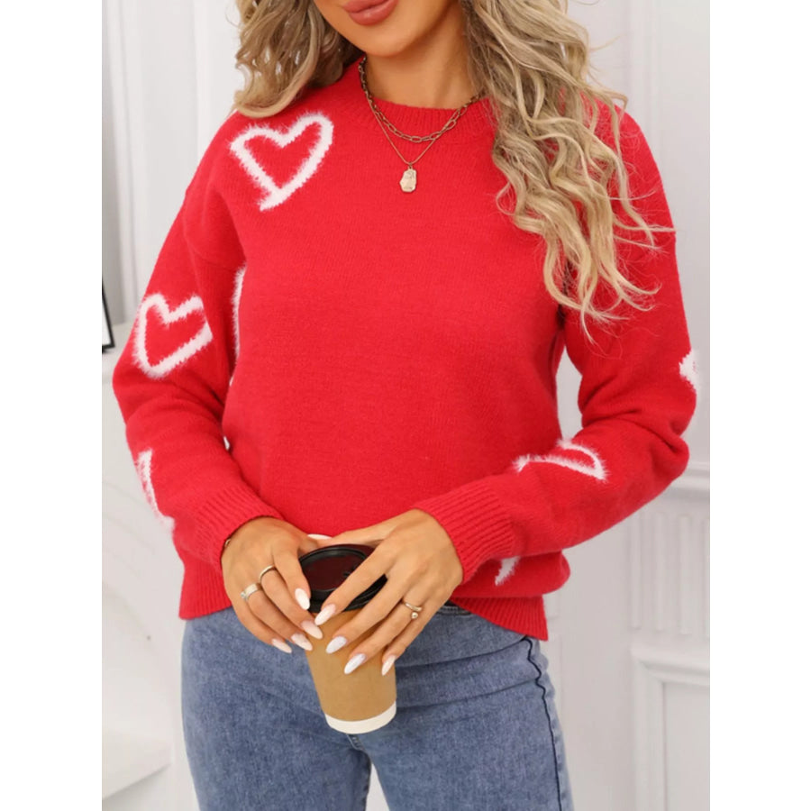 Valentine’s Day Heart Print Crew Neck Sweater Apparel and Accessories