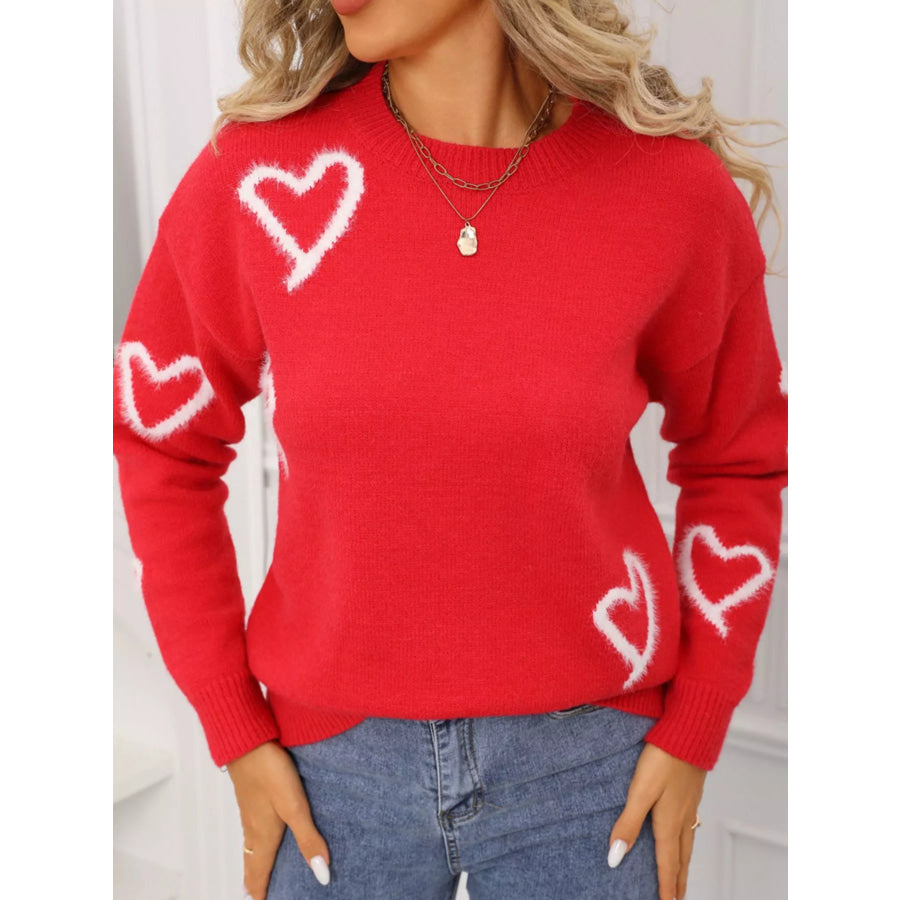 Valentine’s Day Heart Print Crew Neck Sweater Apparel and Accessories