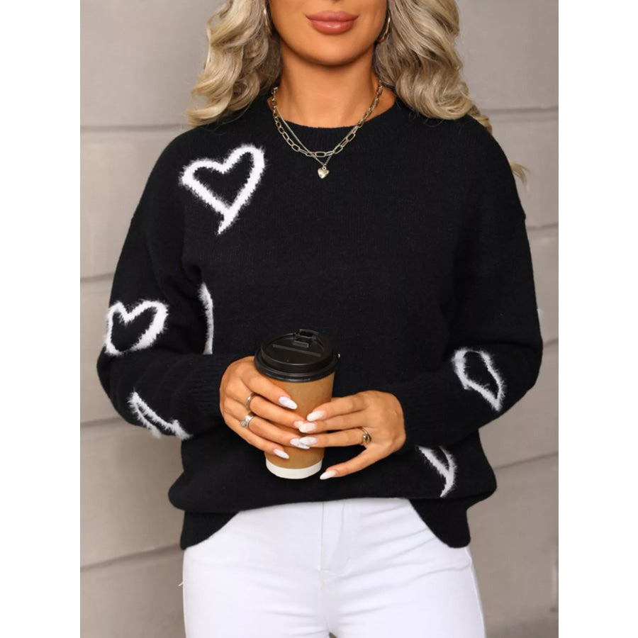 Valentine’s Day Heart Print Crew Neck Sweater Black / S Apparel and Accessories