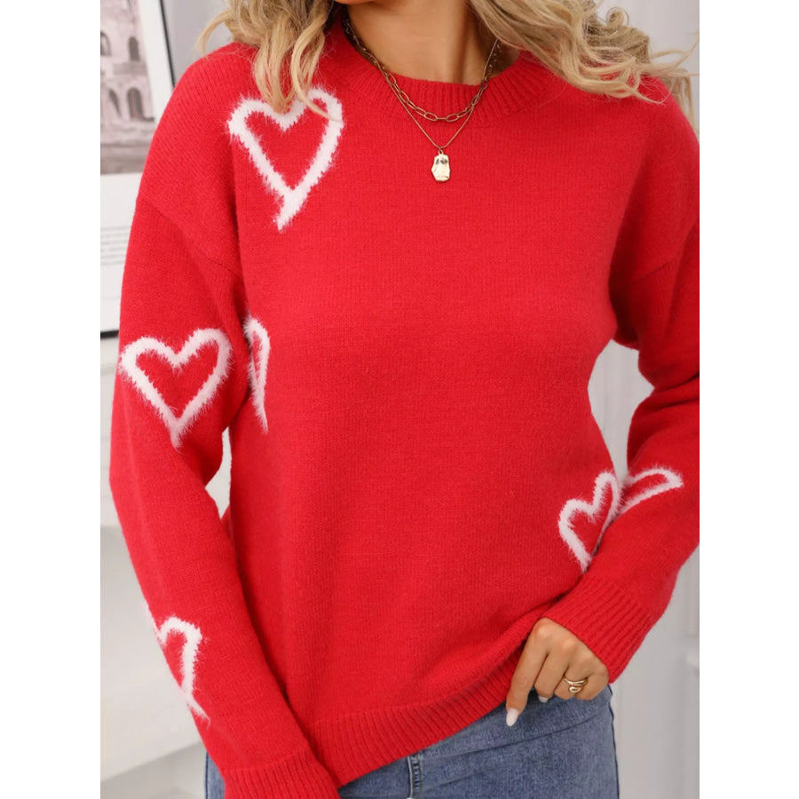 Valentine’s Day Heart Print Crew Neck Sweater Red / S Apparel and Accessories