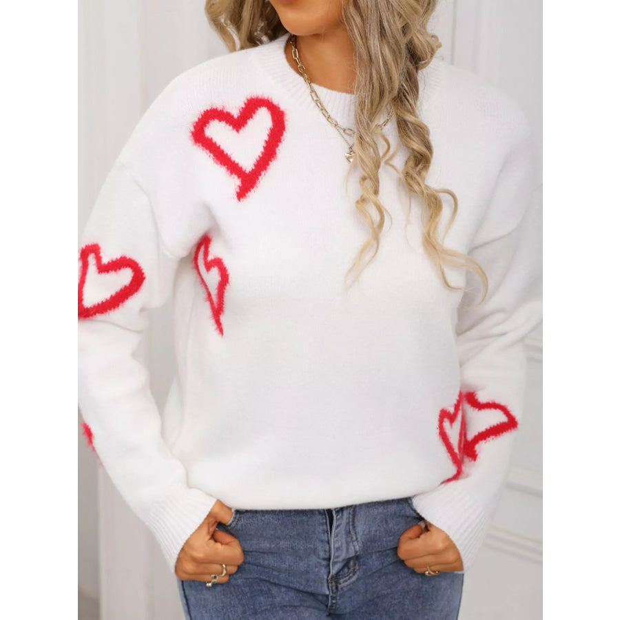Valentine’s Day Heart Print Crew Neck Sweater White / S Apparel and Accessories