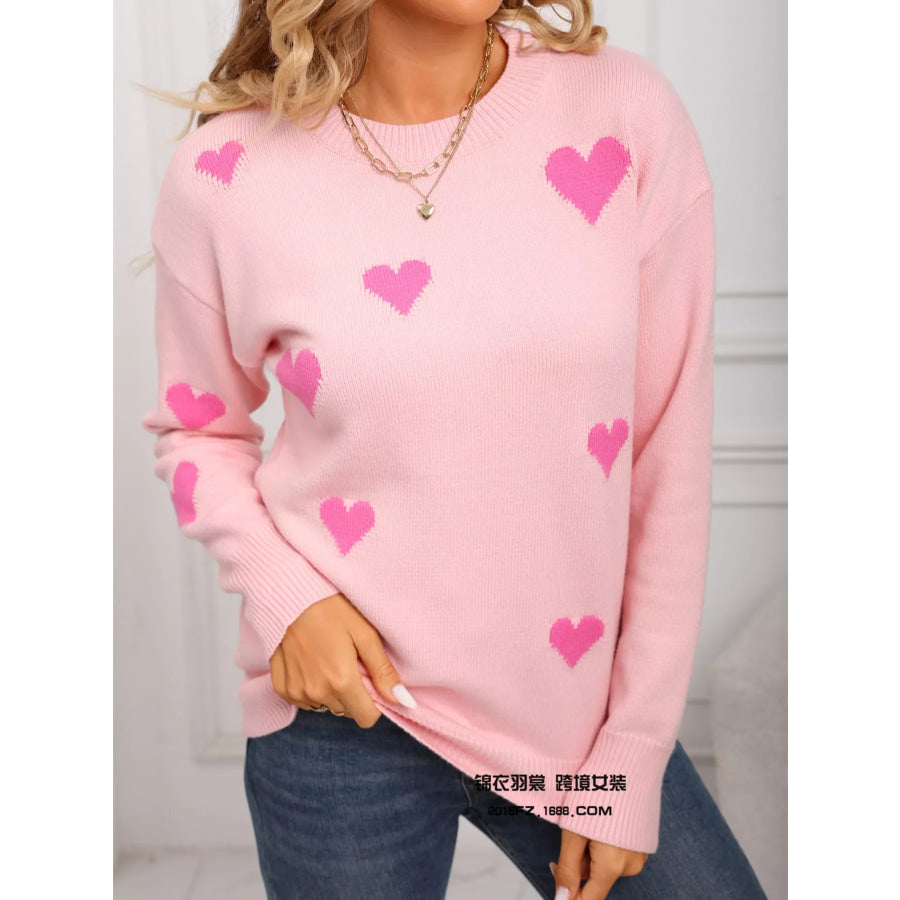 Valentine’s Day Heart Print Round Neck Sweater Apparel and Accessories