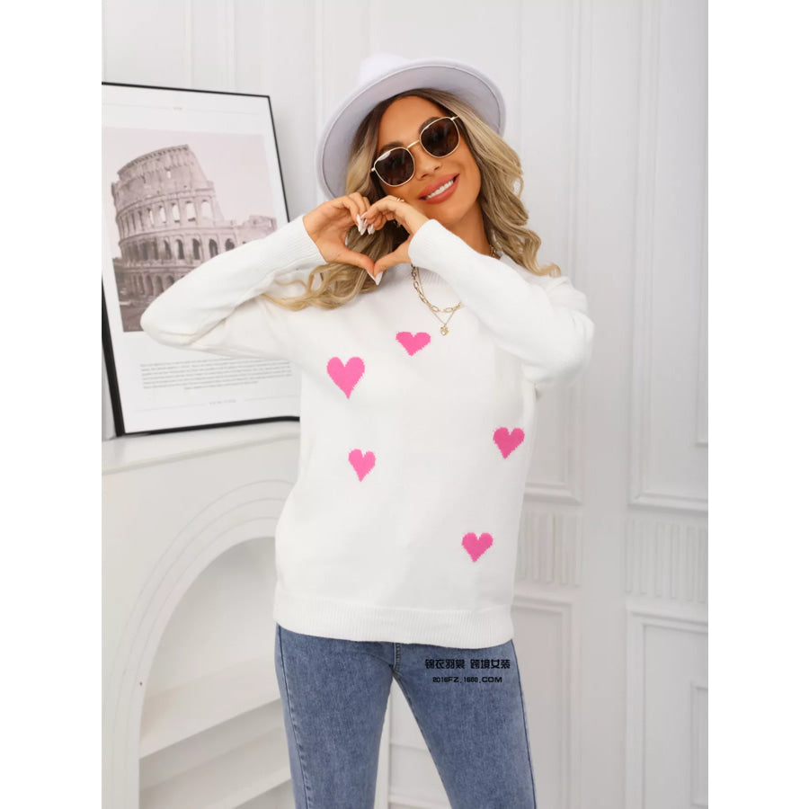 Valentine’s Day Heart Print Round Neck Sweater Apparel and Accessories