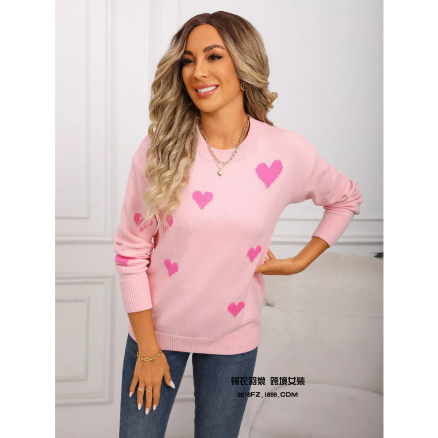 Valentine’s Day Heart Print Round Neck Sweater Apparel and Accessories