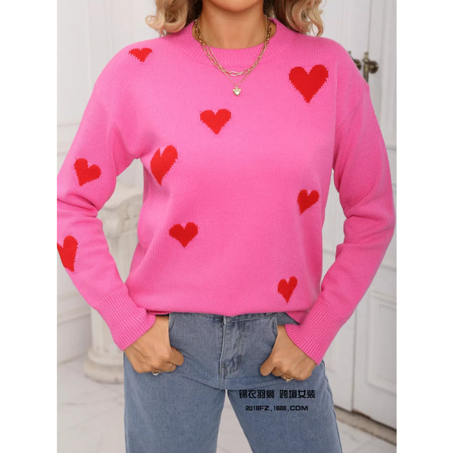 Valentine’s Day Heart Print Round Neck Sweater Apparel and Accessories