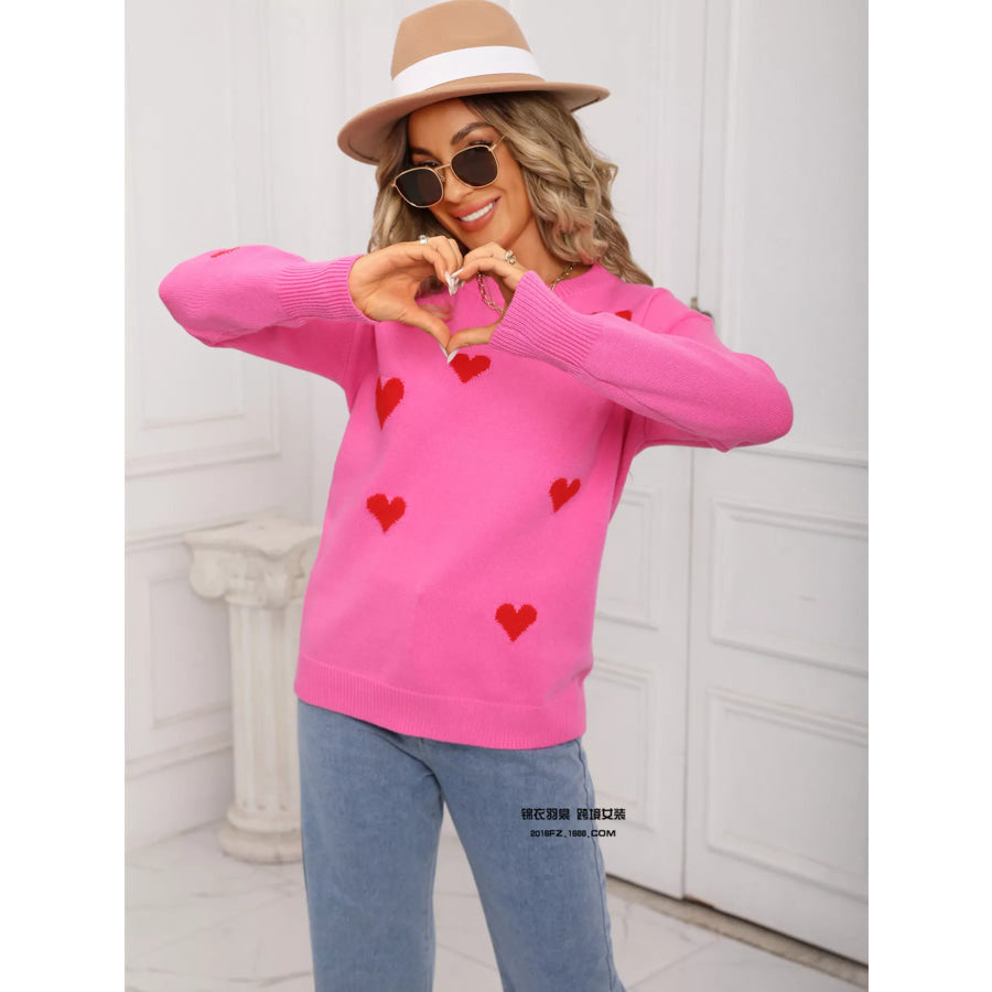 Valentine’s Day Heart Print Round Neck Sweater Apparel and Accessories