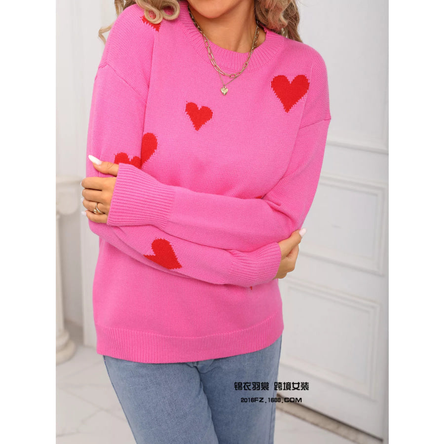 Valentine’s Day Heart Print Round Neck Sweater Apparel and Accessories