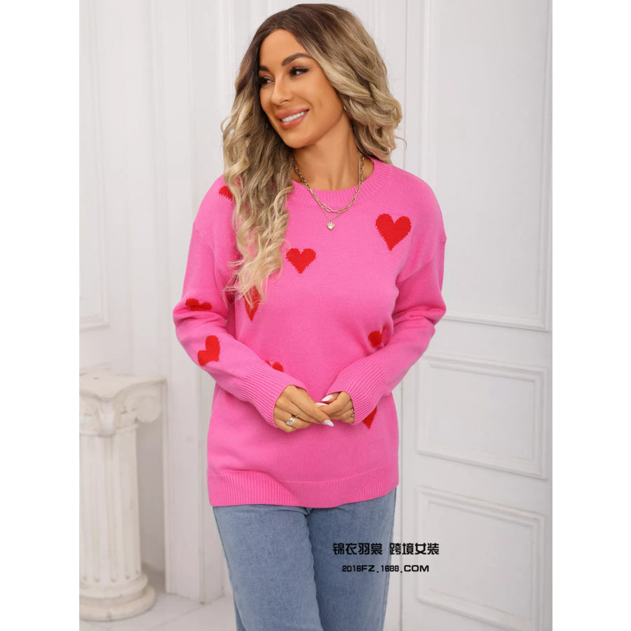 Valentine’s Day Heart Print Round Neck Sweater Apparel and Accessories
