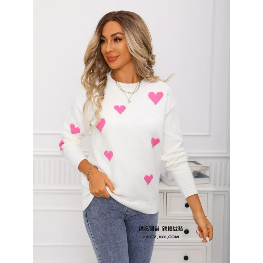 Valentine’s Day Heart Print Round Neck Sweater Apparel and Accessories