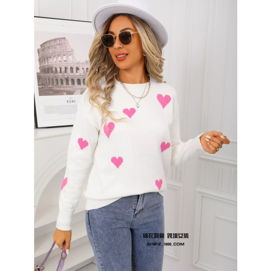 Valentine’s Day Heart Print Round Neck Sweater Apparel and Accessories