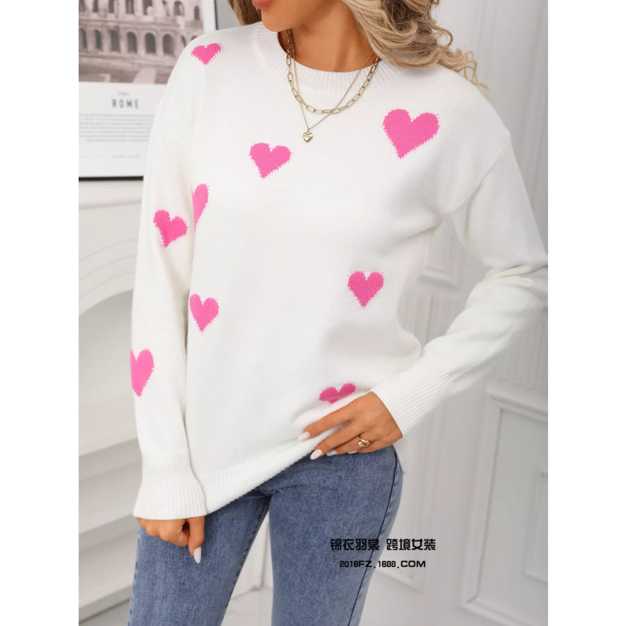 Valentine’s Day Heart Print Round Neck Sweater Apparel and Accessories