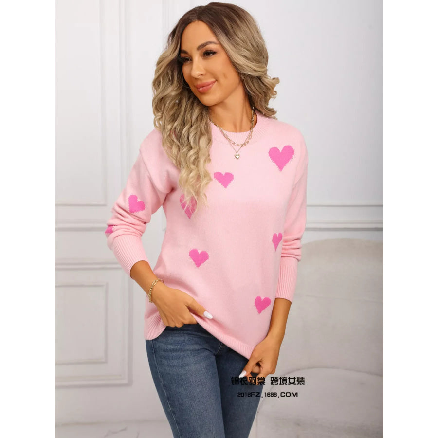 Valentine’s Day Heart Print Round Neck Sweater Pink / S Apparel and Accessories