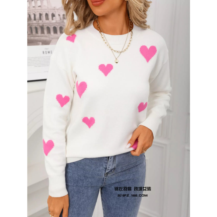 Valentine’s Day Heart Print Round Neck Sweater White / S Apparel and Accessories