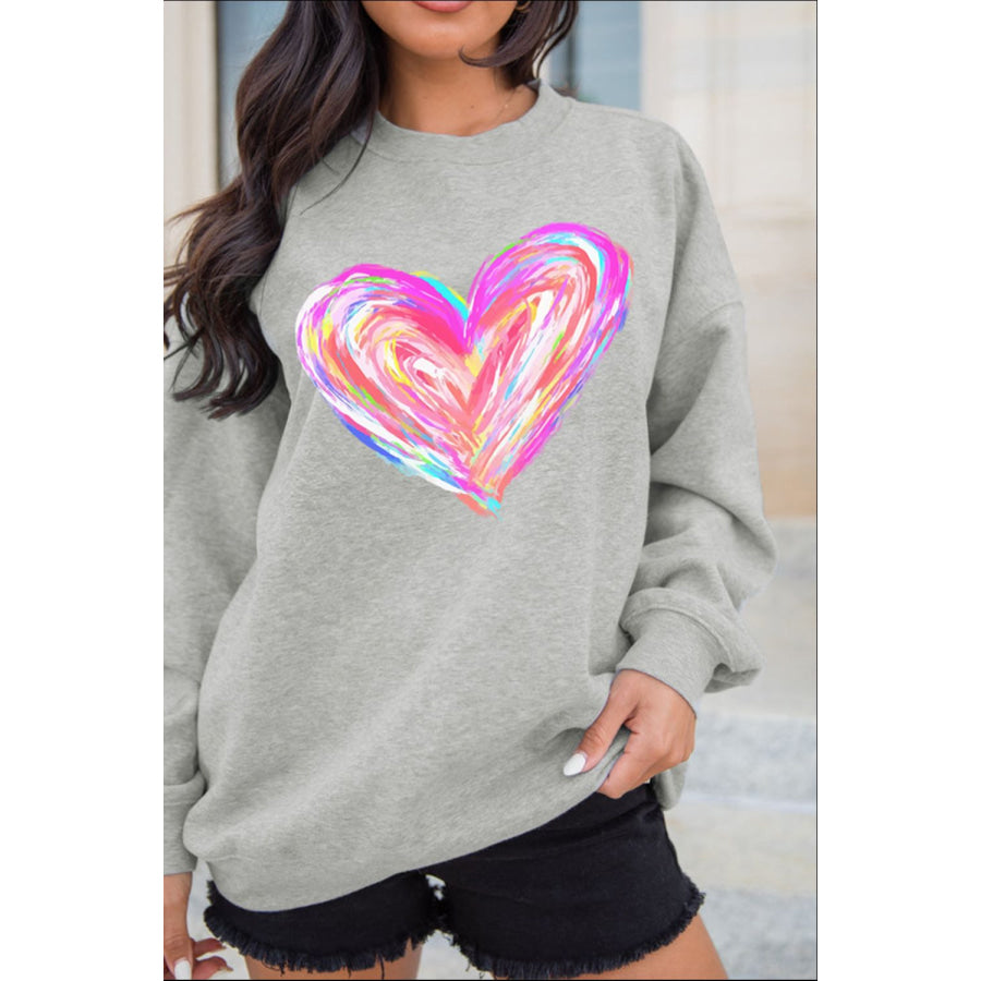 Valentine’s Day Heart Round Neck Drop Shoulder Sweatshirt Gray / S Apparel and Accessories