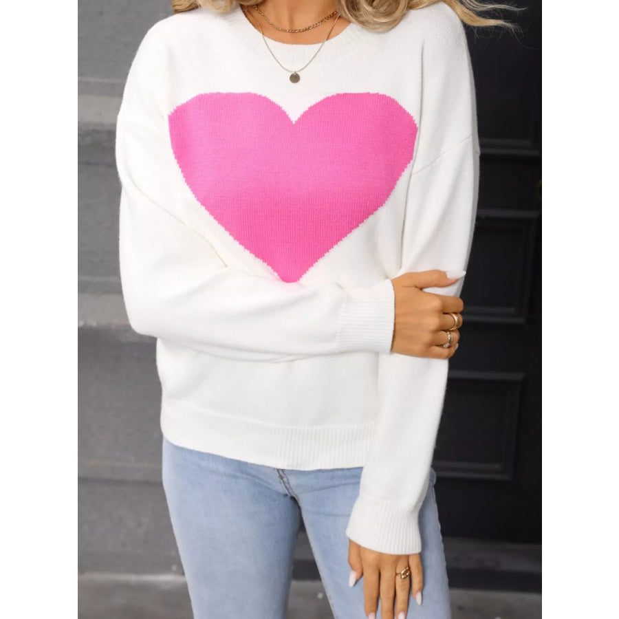 Valentine’s Day Heart Round Neck Dropped Shoulder Sweater Apparel and Accessories