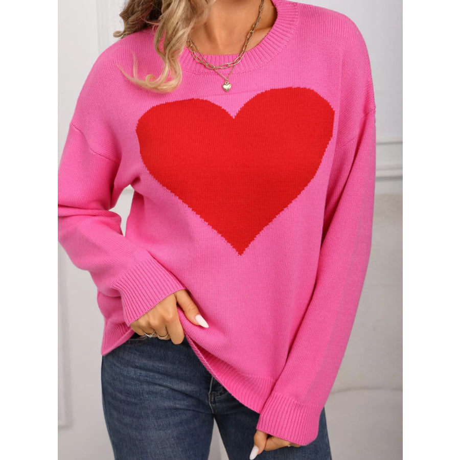 Valentine’s Day Heart Round Neck Dropped Shoulder Sweater Apparel and Accessories