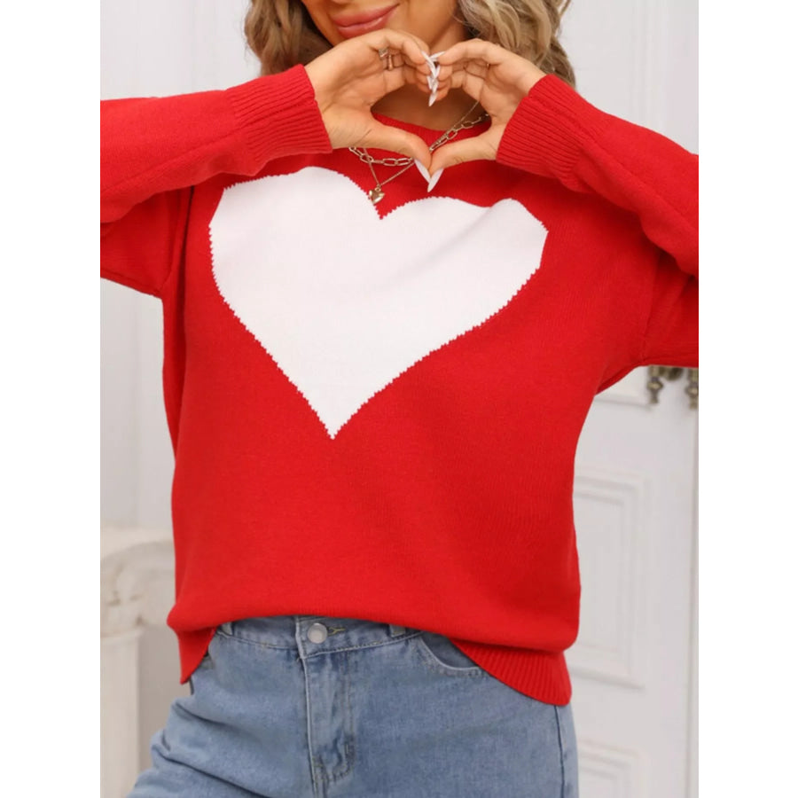 Valentine’s Day Heart Round Neck Dropped Shoulder Sweater Apparel and Accessories
