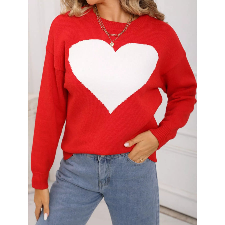 Valentine’s Day Heart Round Neck Dropped Shoulder Sweater Apparel and Accessories