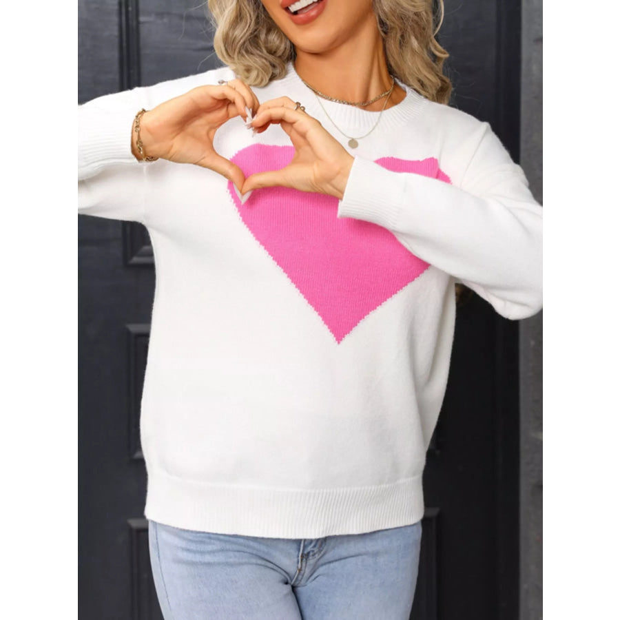 Valentine’s Day Heart Round Neck Dropped Shoulder Sweater Apparel and Accessories