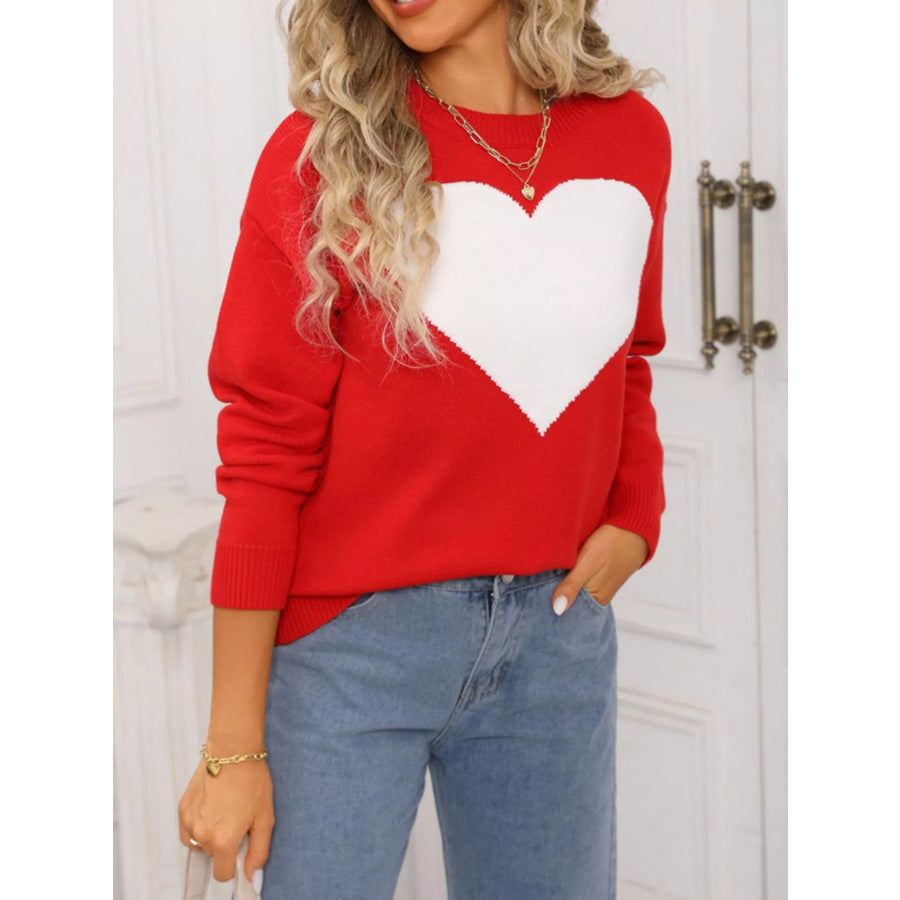 Valentine’s Day Heart Round Neck Dropped Shoulder Sweater Apparel and Accessories