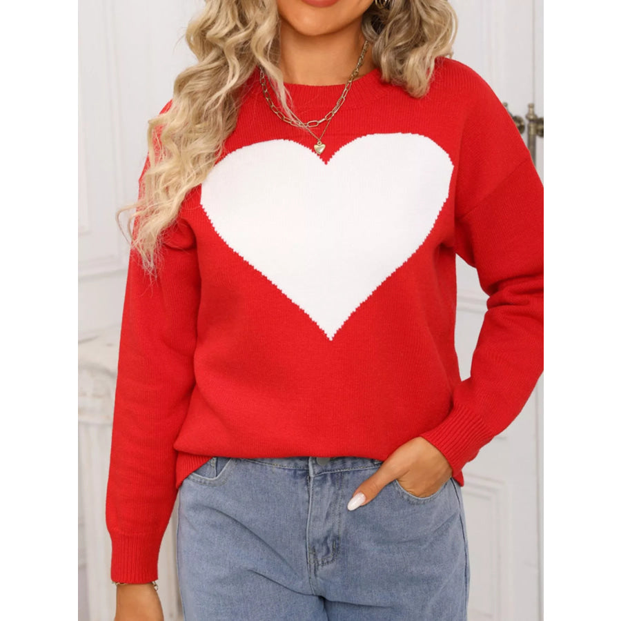 Valentine’s Day Heart Round Neck Dropped Shoulder Sweater Apparel and Accessories