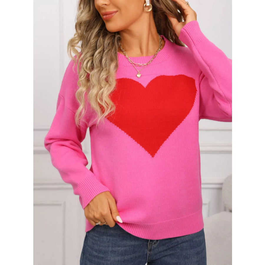 Valentine’s Day Heart Round Neck Dropped Shoulder Sweater Apparel and Accessories