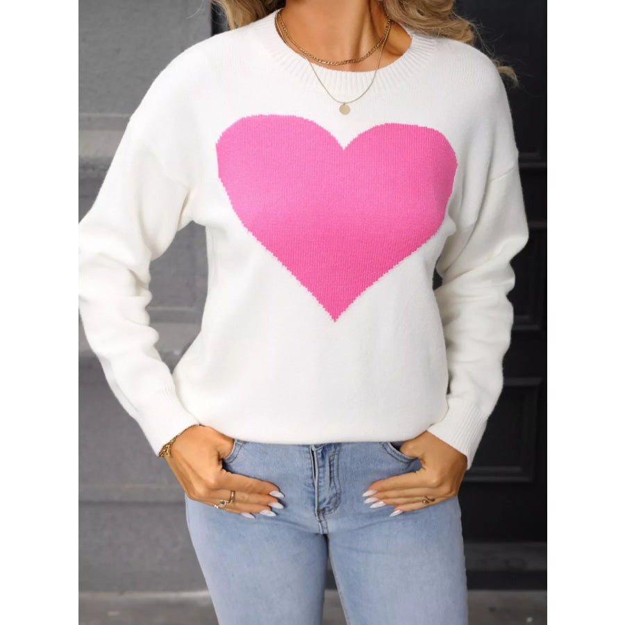 Valentine’s Day Heart Round Neck Dropped Shoulder Sweater Apparel and Accessories