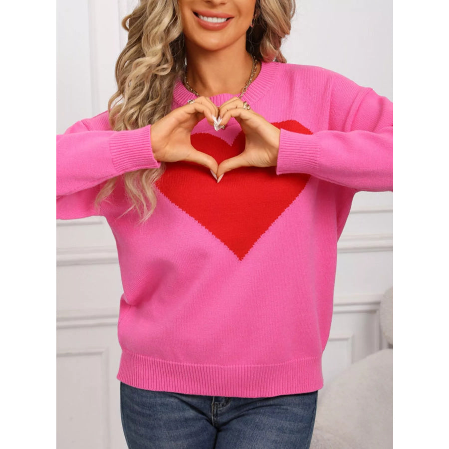 Valentine’s Day Heart Round Neck Dropped Shoulder Sweater Apparel and Accessories