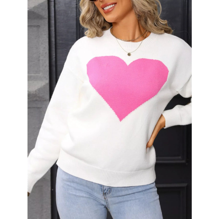 Valentine’s Day Heart Round Neck Dropped Shoulder Sweater Apparel and Accessories
