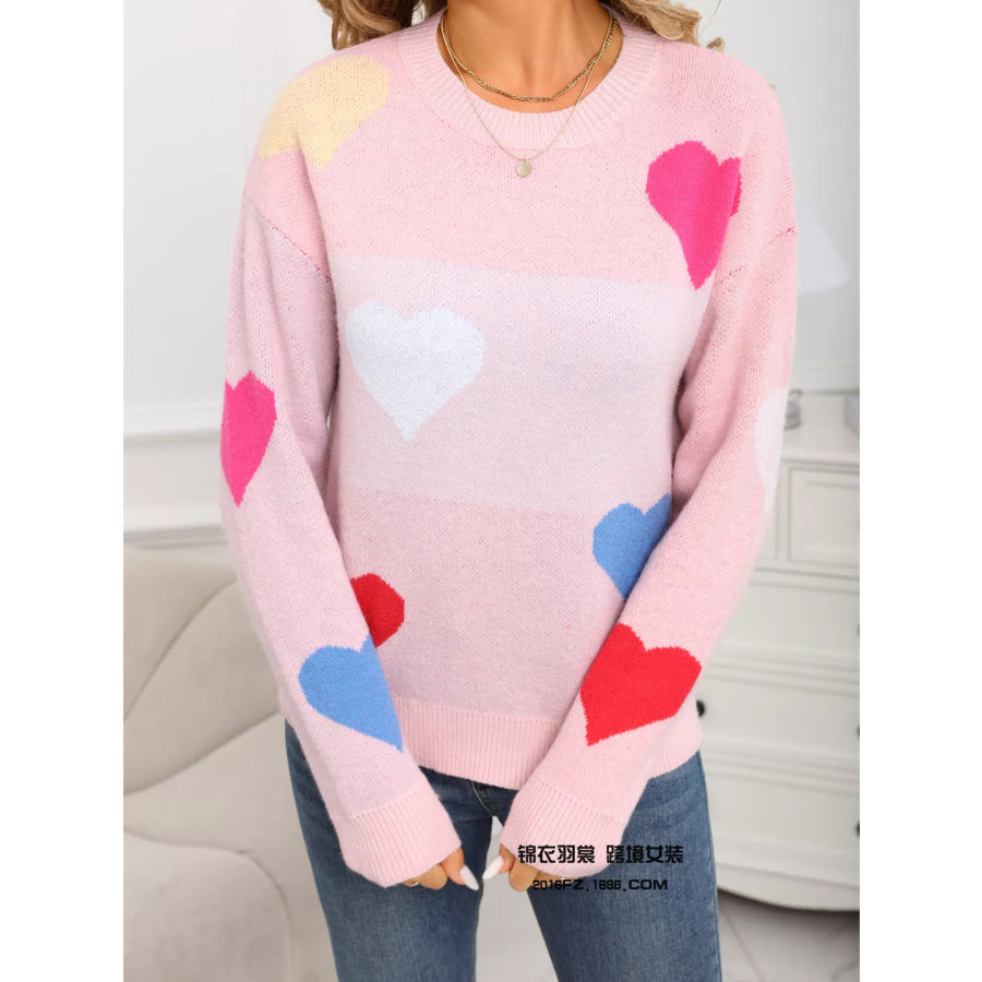 Valentine’s Day Heart Round Neck Dropped Shoulder Sweater Pink / S Apparel and Accessories