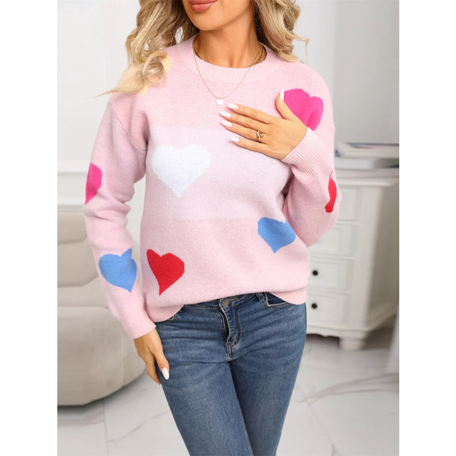Valentine’s Day Heart Round Neck Dropped Shoulder Sweater Pink / S Apparel and Accessories