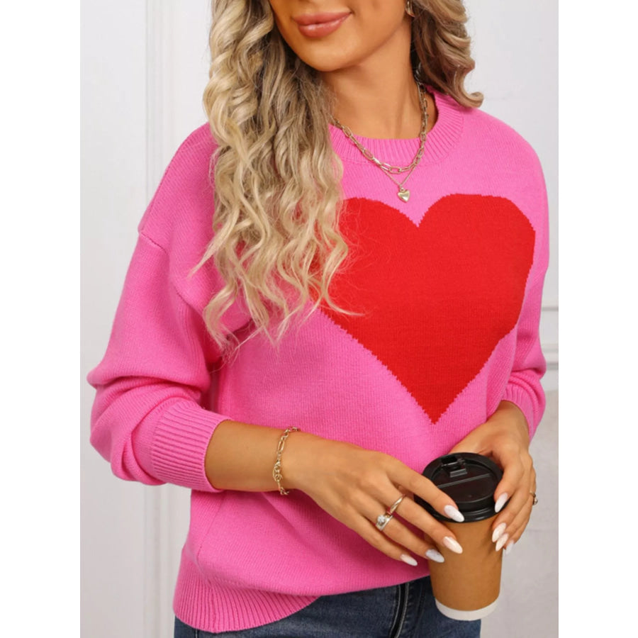 Valentine’s Day Heart Round Neck Dropped Shoulder Sweater Rose Red / S Apparel and Accessories