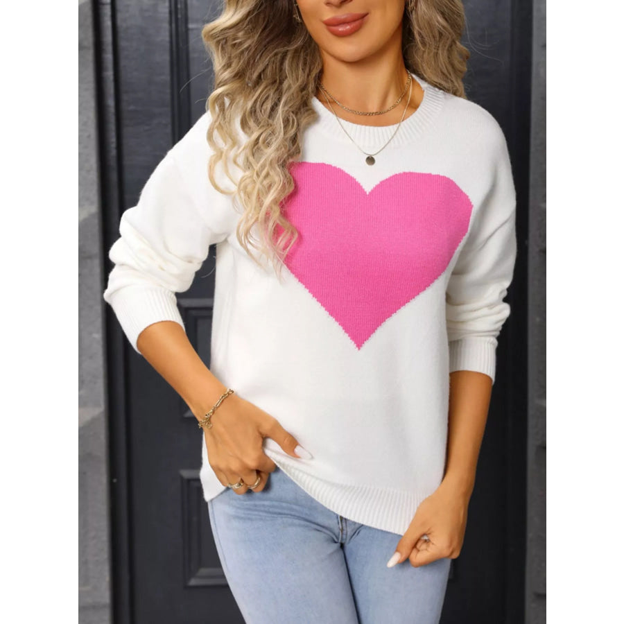 Valentine’s Day Heart Round Neck Dropped Shoulder Sweater White / S Apparel and Accessories
