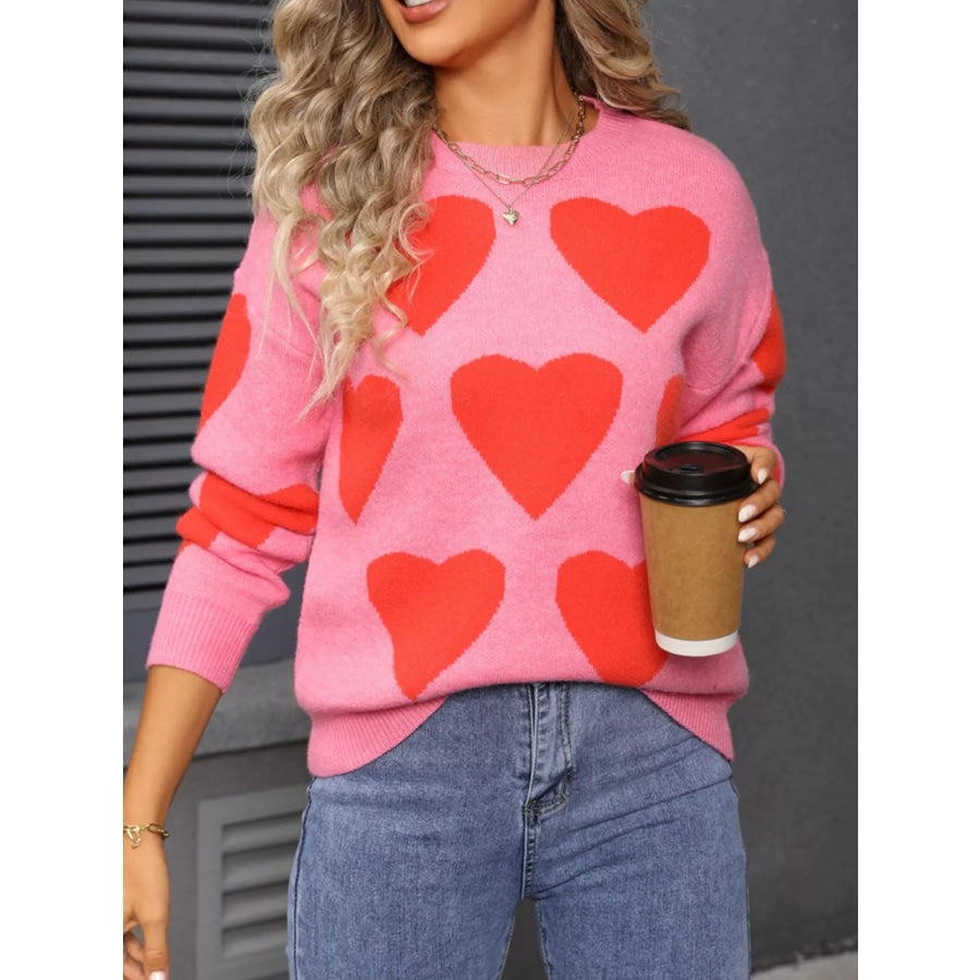 Valentine’s Day Heart Round Neck Knitted Sweater Rose Red / S Apparel and Accessories