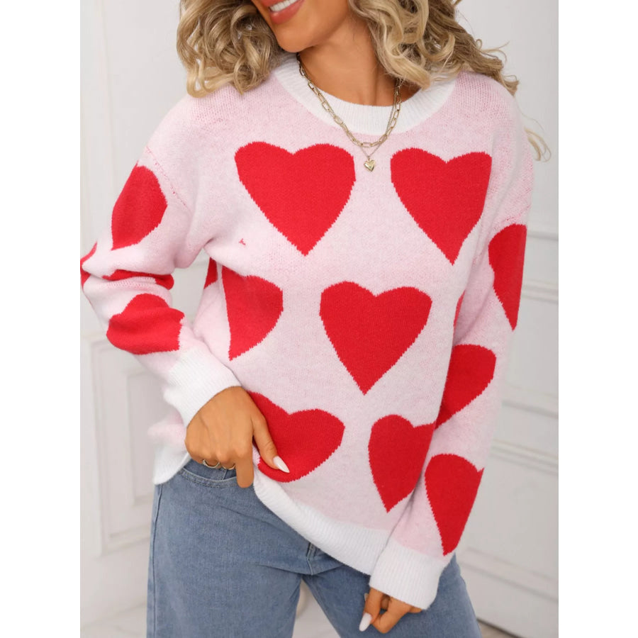 Valentine’s Day Heart Round Neck Knitted Sweater White / S Apparel and Accessories