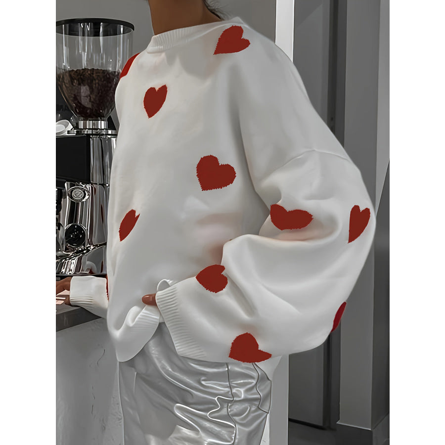 Valentine’s Day Heart Round Neck Long Sleeve Sweater White / S Apparel and Accessories
