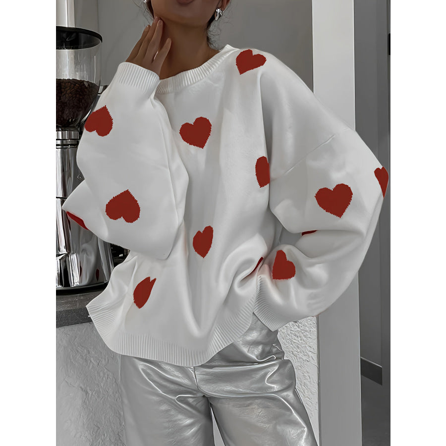 Valentine’s Day Heart Round Neck Long Sleeve Sweater White / S Apparel and Accessories